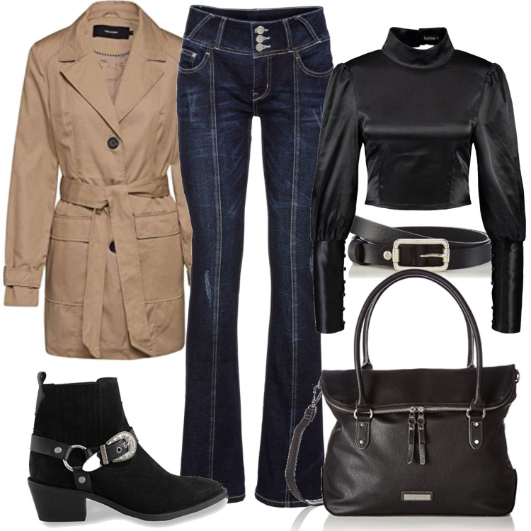 Outfit donna - Must have. Stile Basic per Tutti i giorni. Abbinamento con jeans bootcut, top, trench, shopping bag, cinture, stivaletti texani.