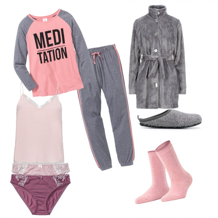 Outfit donna - Non ho voglia di vestirmi. Stile Basic per Sport. Abbinamento con slip, pigiama, vestaglie, top, ciabatte, calzini.