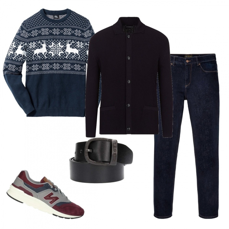 Outfit uomo - Praticità. Stile Casual per Tutti i giorni. Abbinamento con jeans dritti, maglieria, cinture, sneakers, giacche.