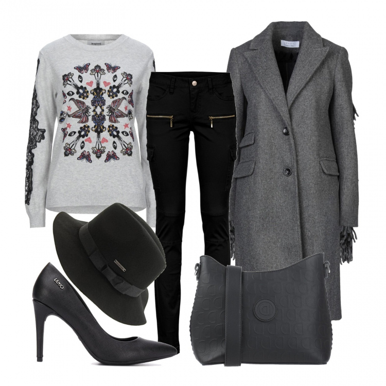 Outfit donna - Giornata piovosa sui tacchi. Stile Trendy per Tutti i giorni. Abbinamento con pantaloni cargo, cappotti, pullovers, borse a tracolla, décolleté, cappelli.