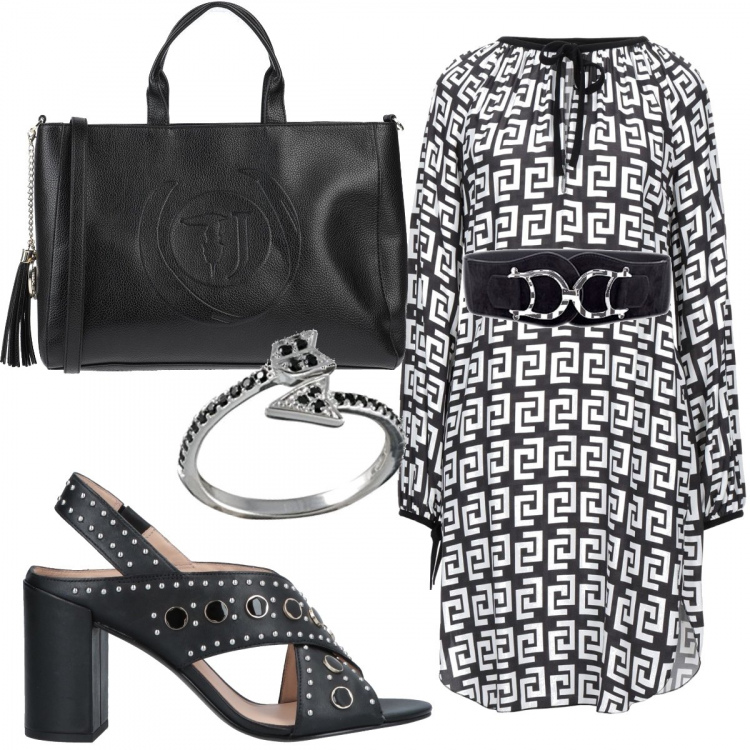 Outfit donna - Abito bianco e nero. Stile Chic per Tutti i giorni. Abbinamento con cinture, borse a mano, vestiti corti, sandali in pelle, anelli.