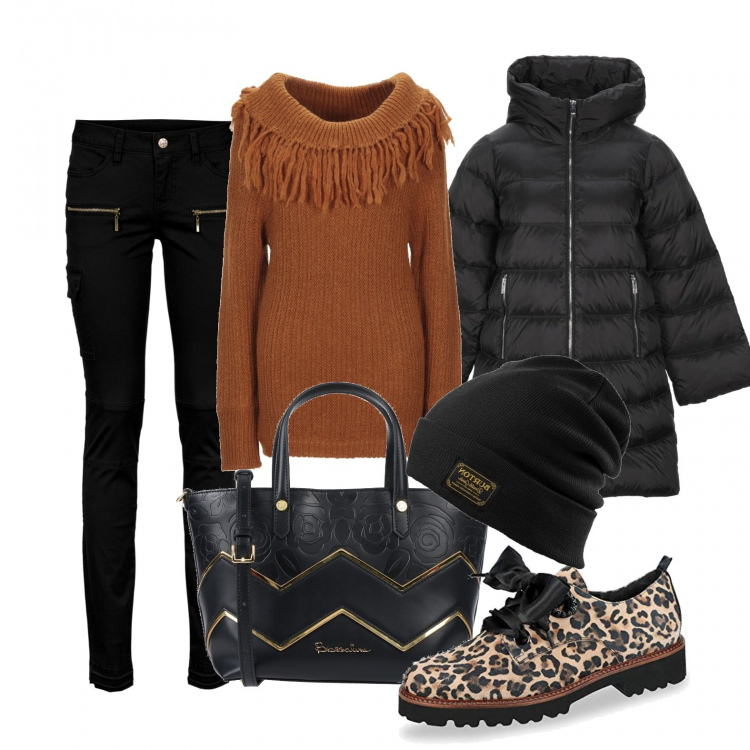 Outfit donna - Che freddo!. Stile Urban per Tutti i giorni. Abbinamento con pantaloni cargo, pullovers, borse a mano, piumini, berretti, scarpe stringate.