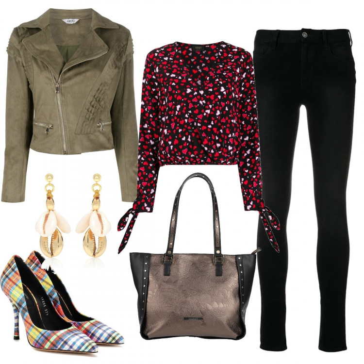 Outfit donna - Effetto wow. Stile Trendy per Tutti i giorni. Abbinamento con blazer, jeans skinny, bluse, borse a mano, orecchini, décolleté.