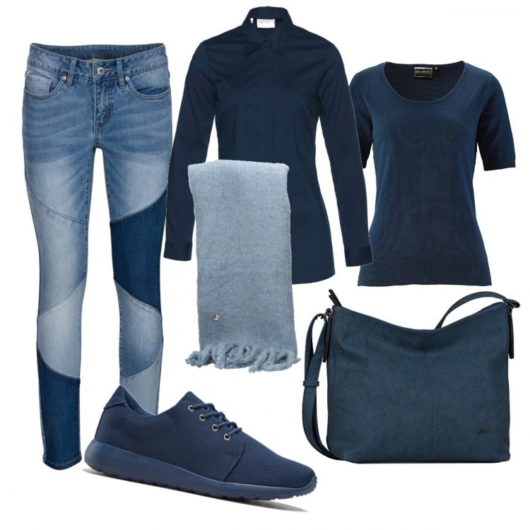 Outfit donna - Trendy #71488. Stile Trendy per Tutti i giorni. Abbinamento con camicie, jeans skinny, maglieria, sneakers, sciarpe, borse a spalla.