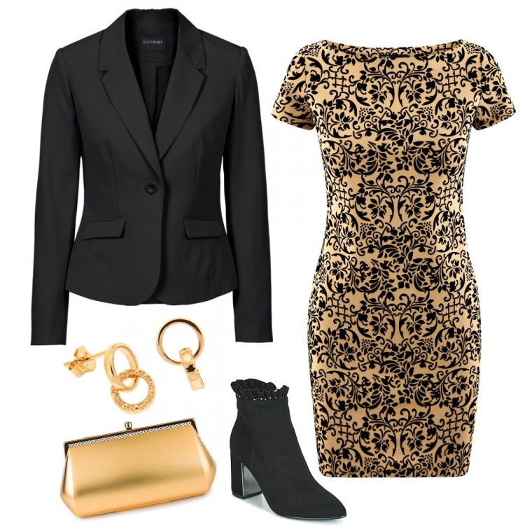 Outfit donna - Il tubino a fantasia barocca. Stile Chic per Serata fuori. Abbinamento con blazer, stivaletti, vestiti, orecchini, pochette.