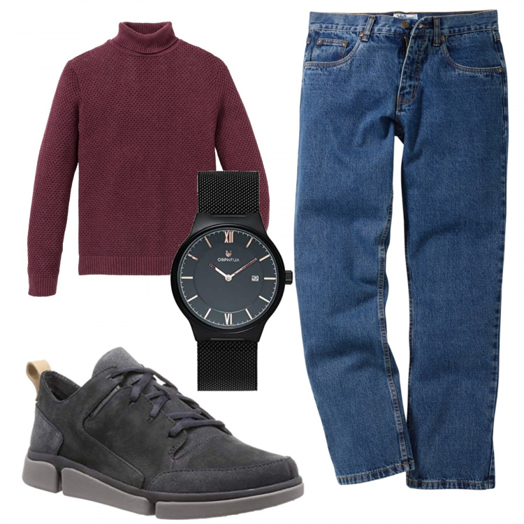 Outfit uomo - Urban #9752. Stile Urban per Tutti i giorni. Abbinamento con jeans dritti, pullovers, orologi analogici, sneakers alte.