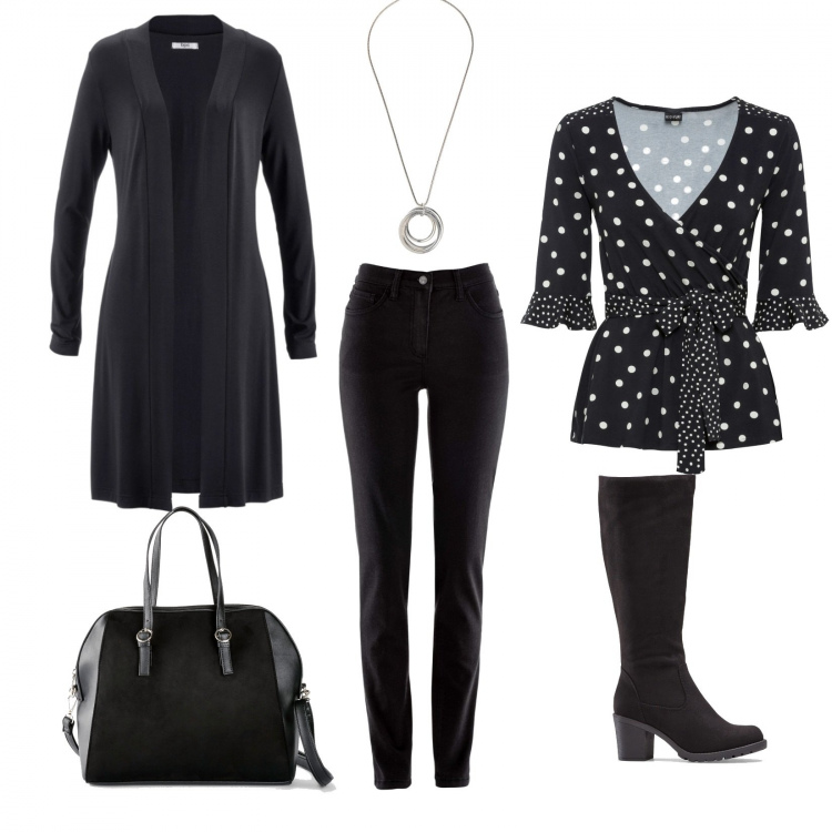 Outfit donna - All in Black. Stile Urban per Tutti i giorni. Abbinamento con cardigans, maglieria, stivali sopra il ginocchio, pantaloni, borse a mano, collane.