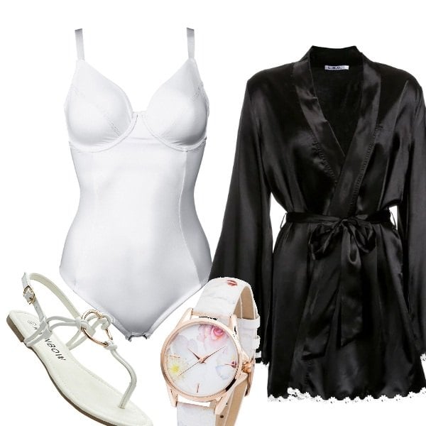 Outfit donna - Bonne nuit. Stile Sexy per Tutti i giorni. Abbinamento con body, orologio con cinturino fantasia floreale lunghezza regolabile fucsia.