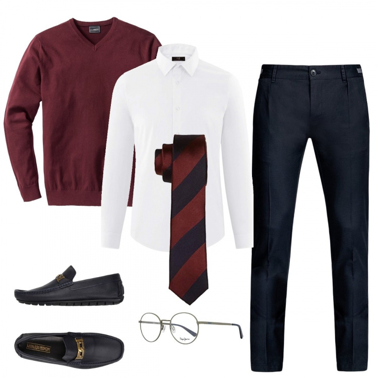Outfit uomo - Il tuo master a Hogwarts - preppy style. Stile Business/Elegante per Ufficio. Abbinamento con maglieria, scarpe stringate, pantaloni chino, camicie, cravatte, occhiali.