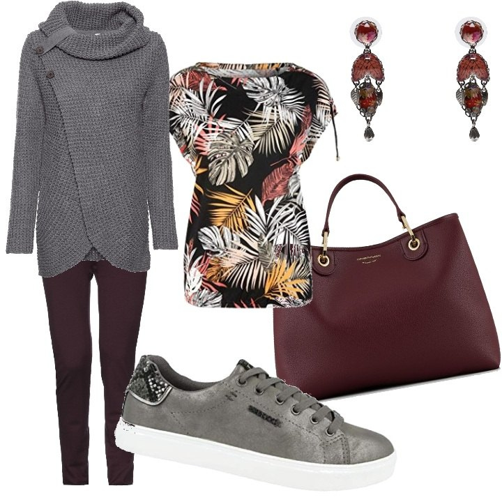 Outfit donna - Keep it warm OLDRISA. Stile Basic per Scuola/Università. Abbinamento con maglieria, pantaloni, orecchini, sneakers, shopping bag, t-shirt.