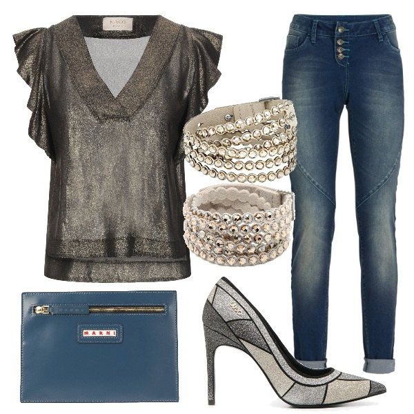 Outfit donna - Qualcosa brilla. Stile Trendy per Serata fuori. Abbinamento con jeans boyfriend, bluse, braccialetti, pochette, décolleté, braccialetti.