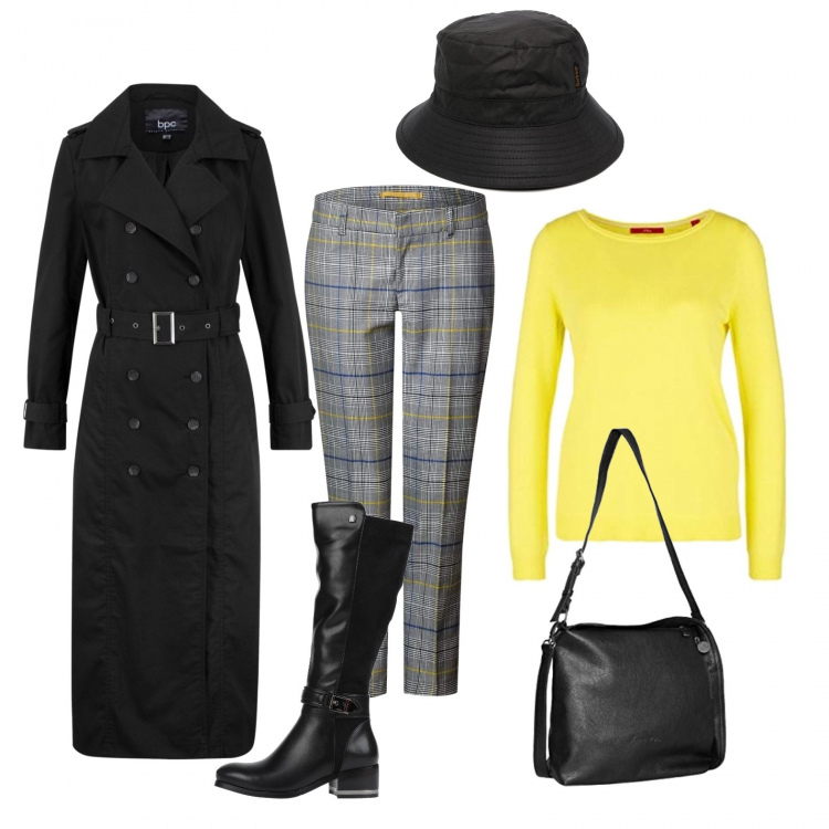 Outfit donna - Giornata uggiosa in città. Stile Urban per Tutti i giorni. Abbinamento con trench, stivali, cappelli, pantaloni, pullovers, borse a tracolla.