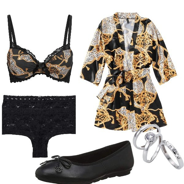 Outfit donna - Pigiama party. Stile Sexy per Serata fuori. Abbinamento con slip, camicie, reggiseni, anelli, ballerine.
