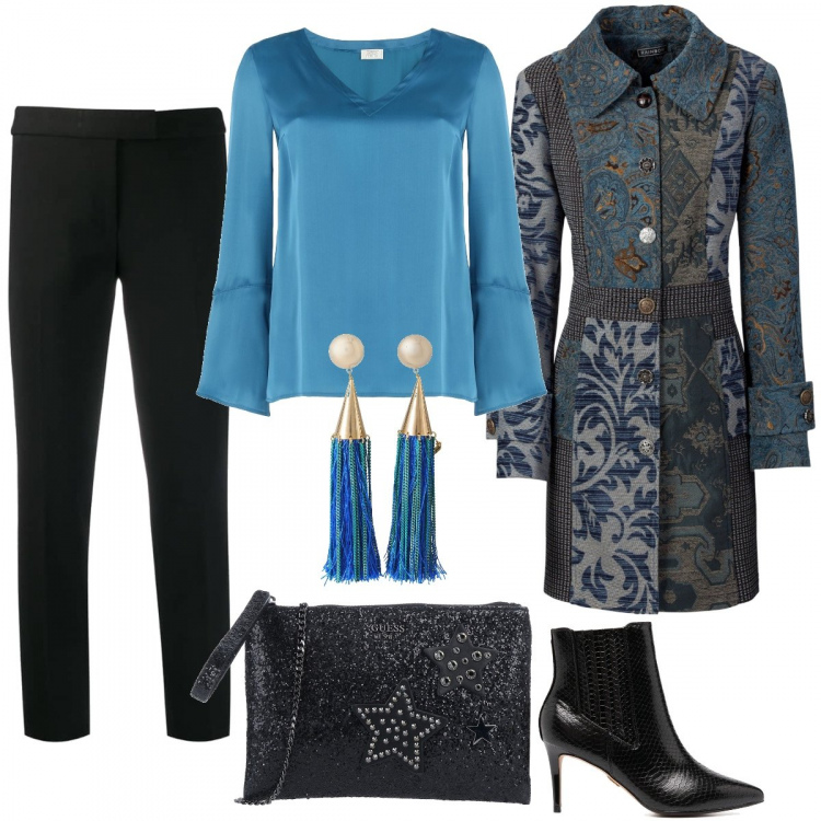 Outfit donna - Qualcosa di celeste. Stile Trendy per Serata fuori. Abbinamento con cappotti, bluse, borse a mano, orecchini, pantaloni a palazzo, stivaletti.