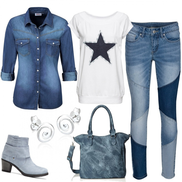 Outfit donna - Tutti i colori del mare. Stile Trendy per Tutti i giorni. Abbinamento con camicie, t-shirt, jeans skinny, stivaletti, borse a spalla, orecchini.