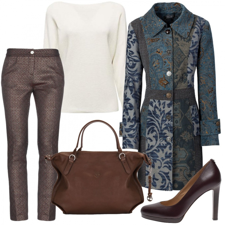 Outfit donna - Che cappottino. Stile Chic per Ufficio. Abbinamento con cappotti, pantaloni, borse a mano, maglioni, décolleté.