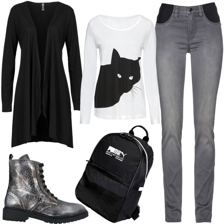 Outfit donna - Ma che bel micione!. Stile Basic per Scuola/Università. Abbinamento con jeans, cardigans, pullovers, stivaletti, zaini.