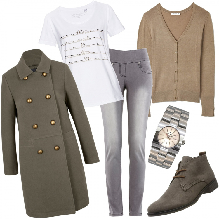 Outfit donna - Sopra tutto un doppio petto. Stile Basic per Tutti i giorni. Abbinamento con jeans slim fit, cappotti, maglieria, pullovers, stivaletti, orologi.