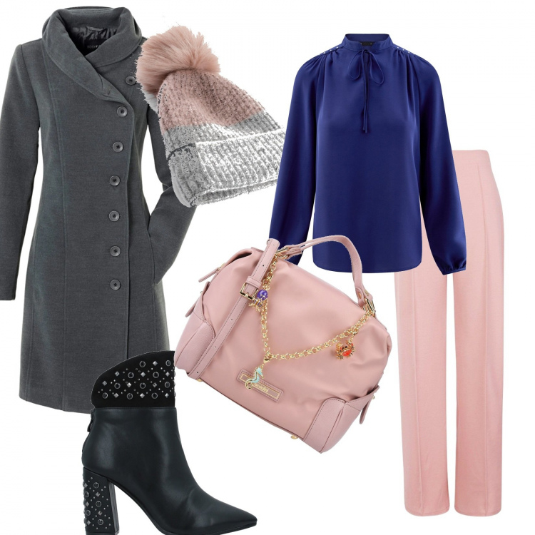Outfit donna - Pantalone a palazzo. Stile Bon Ton per Ufficio. Abbinamento con cappotti, berretti, borse a mano, stivaletti, pantaloni a palazzo, camicie.