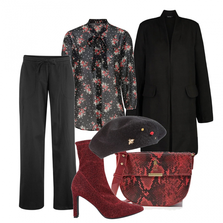 Outfit donna - Cappottino nero col freddo. Stile Trendy per Tutti i giorni. Abbinamento con pantaloni a palazzo, cappelli e berretti, camicie, stivaletti, cappotti, borse a tracolla.