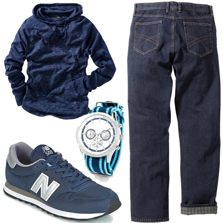 Outfit uomo - Urban #9784. Stile Urban per Tutti i giorni. Abbinamento con jeans dritti, maglieria, orologi, sneakers.