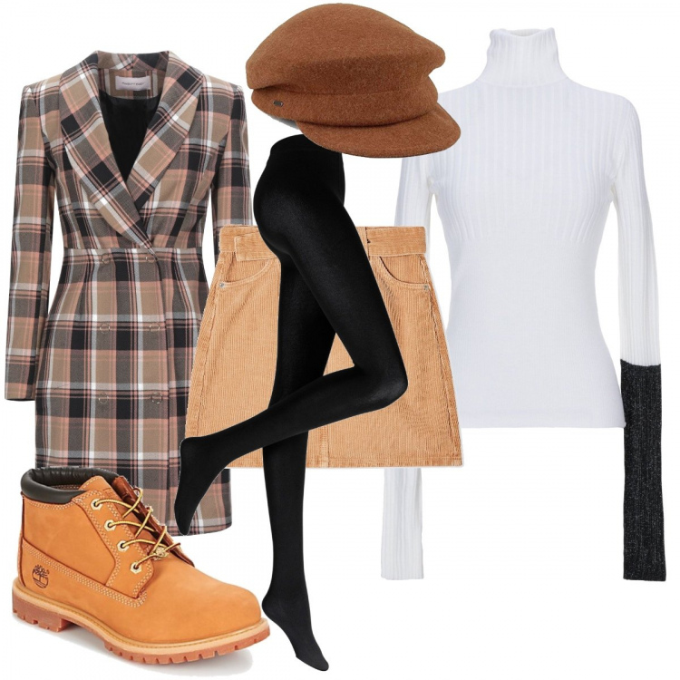 Outfit donna - Tra una lezione e l’altra. Stile Trendy per Scuola/Università. Abbinamento con collant, cappotti, pullovers, minigonne, stivaletti, berretti.