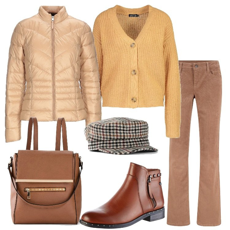 Outfit donna - Confort basic. Stile Basic per Tutti i giorni. Abbinamento con pantaloni, zaini, cappelli con visiera, piumini, cardigans, stivaletti.