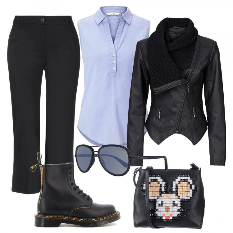 Outfit donna - Camicetta e giacca di pelle. Stile Trendy per Ufficio. Abbinamento con blazer, pantaloni capri, borse a tracolla, camicie, anfibi, occhiali da sole.