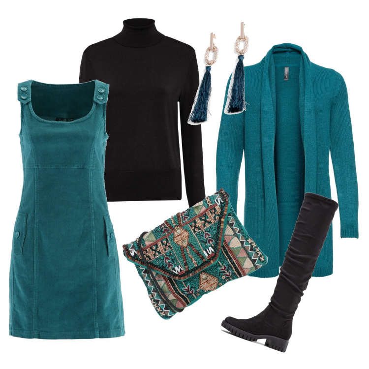 Outfit donna - Borsa batik. Stile Trendy per Tutti i giorni. Abbinamento con cardigans, vestiti corti, stivali, maglieria, orecchini, borse a spalla.