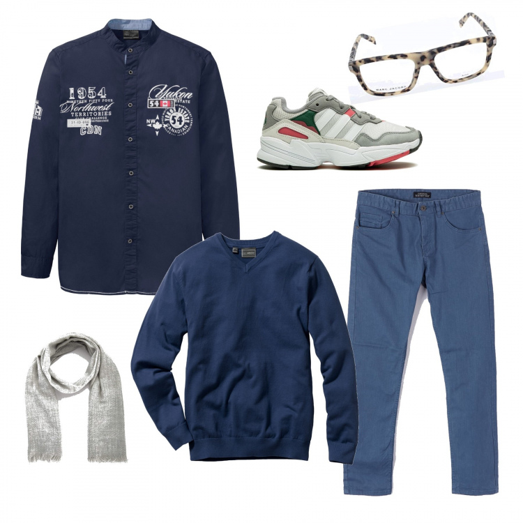 Outfit uomo - Una cosa bella. Stile Casual per Tutti i giorni. Abbinamento con maglieria, camicie, pantaloni, sciarpe, sneakers, occhiali.
