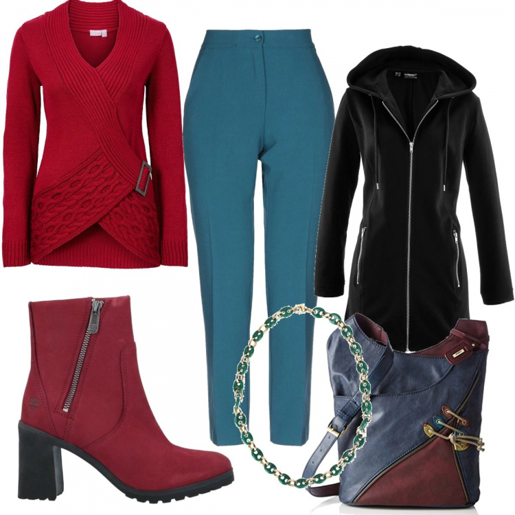 Outfit donna - Libero il rosso. Stile Basic per Tutti i giorni. Abbinamento con felpe sportive, maglieria, pantaloni, stivaletti, collane, borse a mano.