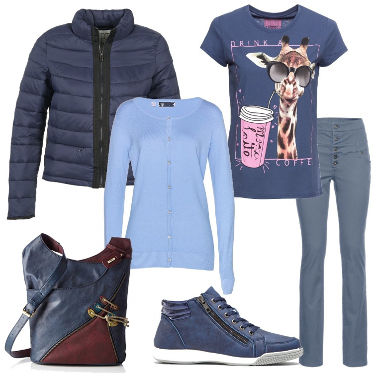 Outfit donna - Sabato mattina. Stile Urban per Tutti i giorni. Abbinamento con sneakers alte, t-shirt, pantaloni skinny, cardigans, piumini, borse a mano.
