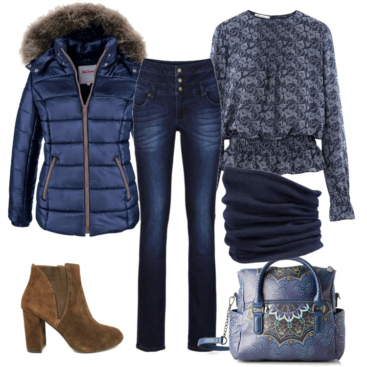 Outfit donna - Consigli di stile inverno low-cost. Stile Urban per Tutti i giorni. Abbinamento con piumini, jeans skinny, stivaletti, sciarpe, camicie, borse a mano.