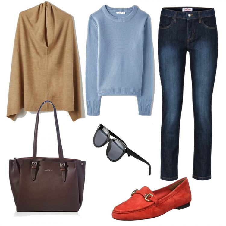 Outfit donna - Trendy e comoda. Stile Trendy per Tutti i giorni. Abbinamento con jeans slim fit, occhiali da sole, cappotti, maglieria, mocassini, borse tote.