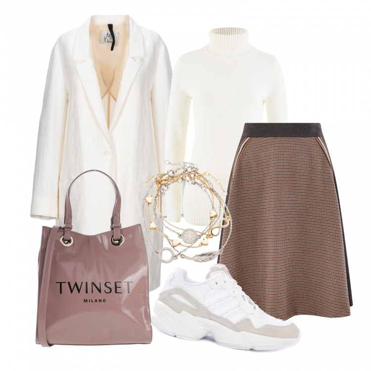 Outfit donna - Con le sneakers.... Stile Trendy per Tutti i giorni. Abbinamento con braccialetti con ciondoli, maglieria, cappotti, borse a mano, sneakers, gonne longuette.