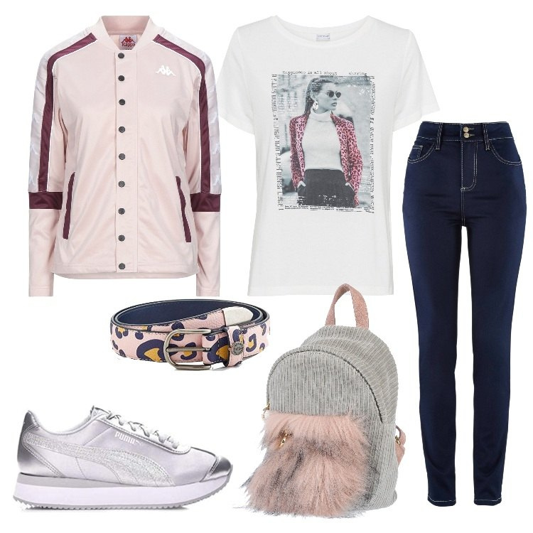 Outfit donna - Sabato all\'insegna del trendy. Stile Trendy per Tutti i giorni. Abbinamento con jeans slim fit, pullovers, giacche, zaini, sneakers, cinture.