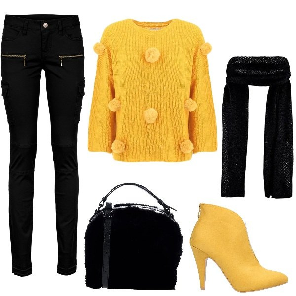 Outfit donna - La maglia con ponpon. Stile Trendy per Tutti i giorni. Abbinamento con pantaloni cargo, borse a mano, stivaletti, maglioni, sciarpe.
