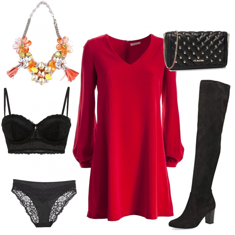 Outfit donna - Rosso e nero. Stile Trendy per Serata fuori. Abbinamento con reggiseni a balconcino, vestiti lunghi, culotte, collane, stivali sopra il ginocchio, pochette.