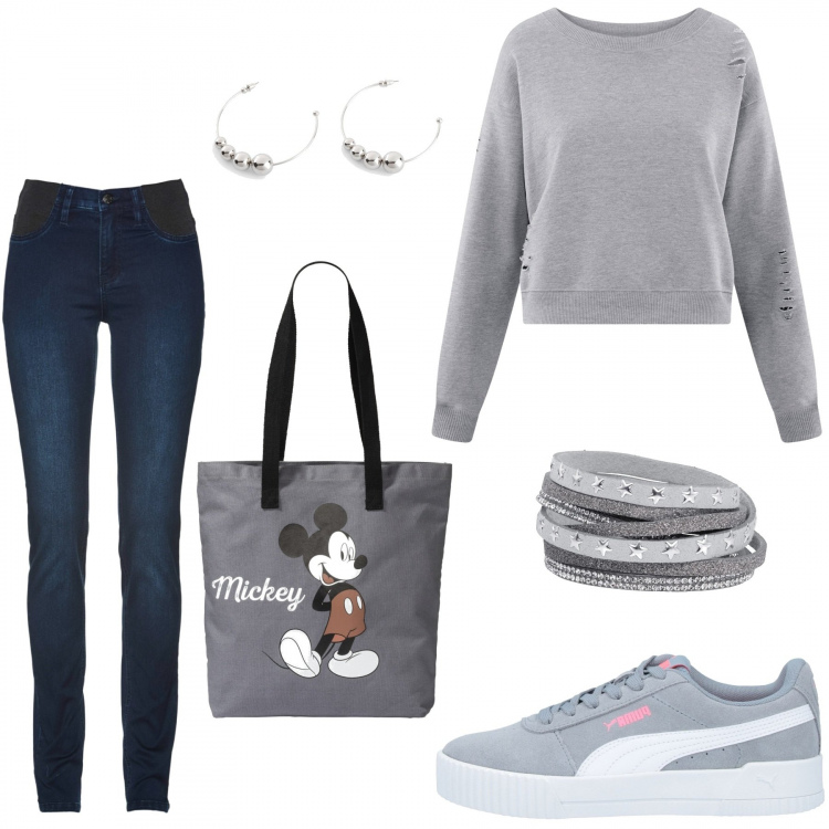 Outfit donna - La borsa di Mickey. Stile Basic per Tutti i giorni. Abbinamento con jeans skinny, shopping bag, braccialetti, orecchini, sneakers, felpe.