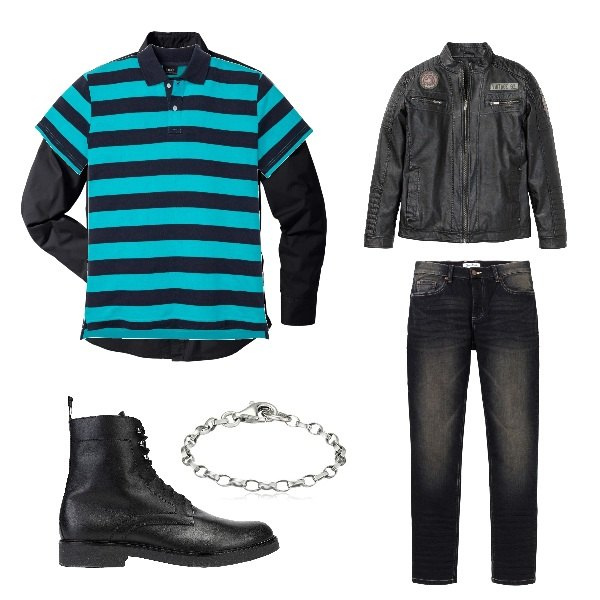 Outfit uomo - Lunedì. Stile Biker Rock per Tutti i giorni. Abbinamento con camicie, giacche, jeans slim fit, polo, stivali e stivaletti, braccialetti.