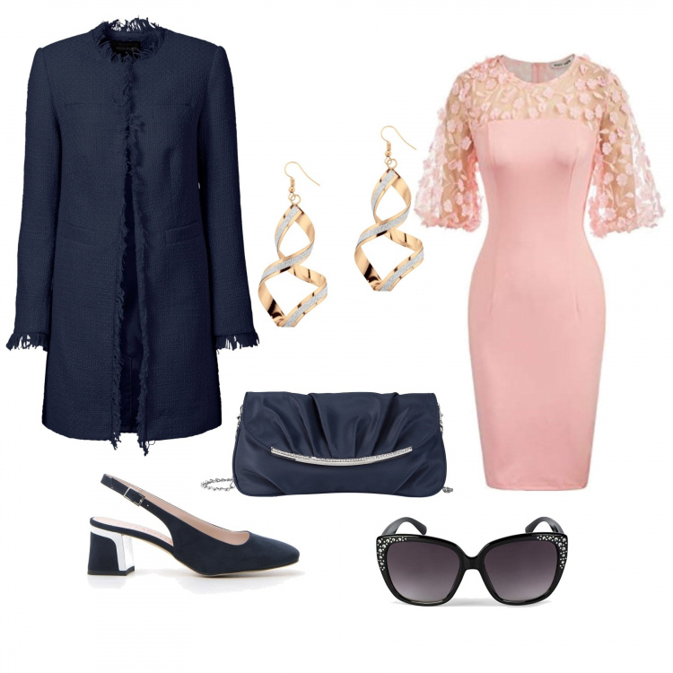Outfit donna - La mamma dello sposo. Stile Bon Ton per Cerimonia. Abbinamento con blazer, pochette, orecchini, vestiti a tubino, décolleté, occhiali da sole.