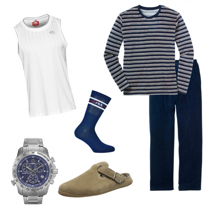 Outfit uomo - Stasera divano e partita. Stile Casual per Tutti i giorni. Abbinamento con abbigliamento da notte, calzini, braccialetti, canottiere, pantofole.