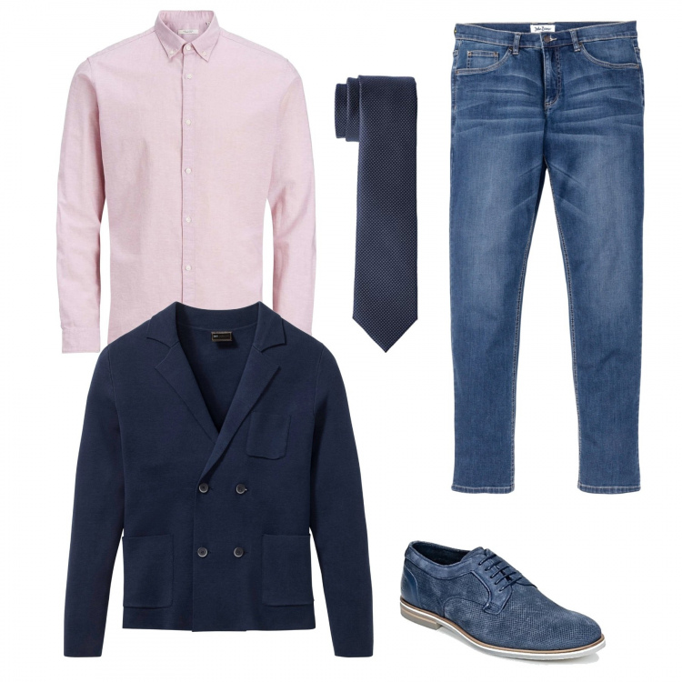 Outfit uomo - Sabato pomeriggio con lei. Stile Casual per Tutti i giorni. Abbinamento con jeans, cardigans, scarpe stringate, camicie, cravatte.