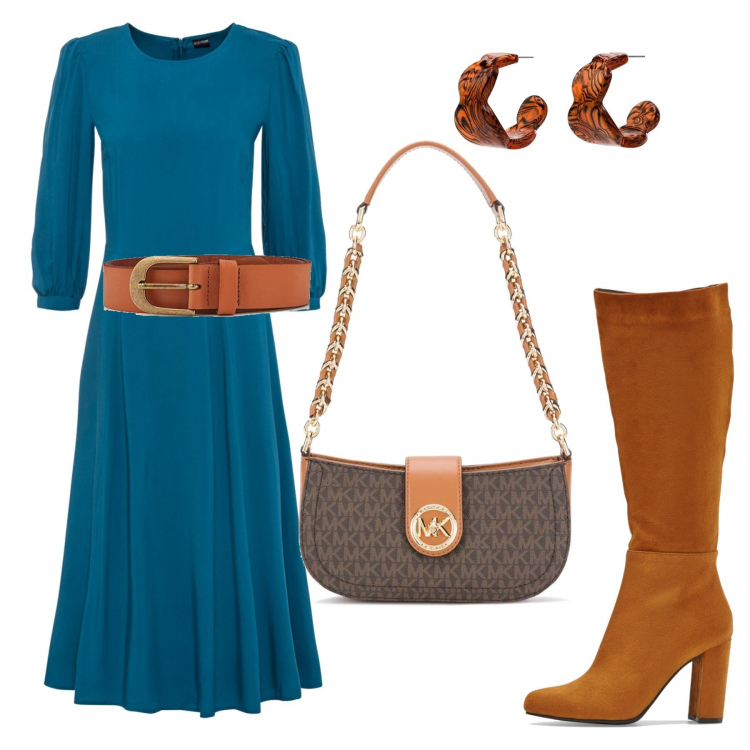 Outfit donna - Bon Ton #29908. Stile Bon Ton per Ufficio. Abbinamento con vestiti asimmetrici, stivali, orecchini, borse tote, cinture.