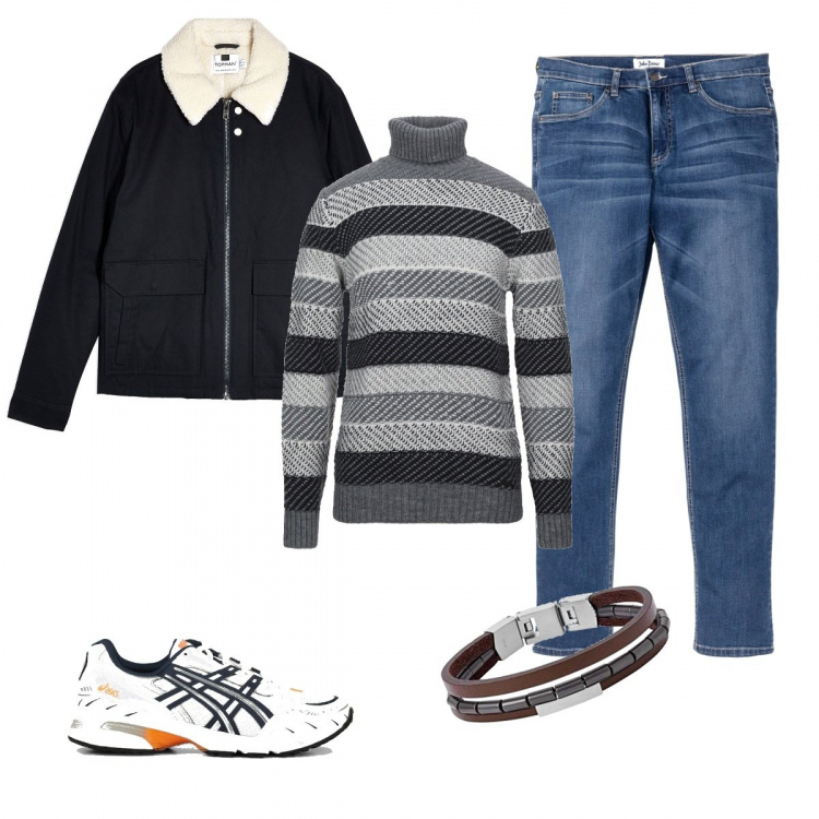 Outfit uomo - Trendy #8973. Stile Trendy per Tutti i giorni. Abbinamento con jeans, pullovers, cappotti, braccialetti, sneakers.