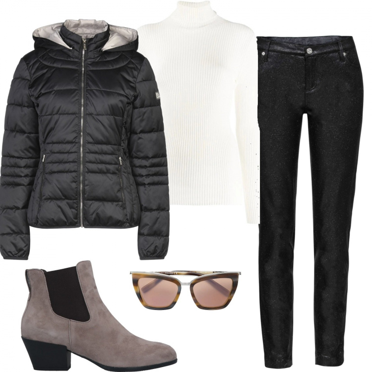 Outfit donna - Bianco e nero. Stile Trendy per Tutti i giorni. Abbinamento con pantaloni, stivaletti chelsea, piumini, occhiali da sole, maglioni.