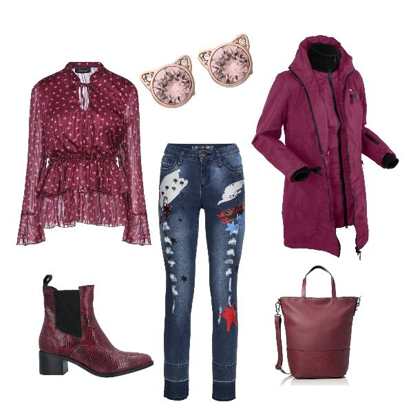 Outfit donna - La camicia gitana. Stile Trendy per Tutti i giorni. Abbinamento con blazer, reggiseni, bluse, stivaletti, orecchini, borse a mano.