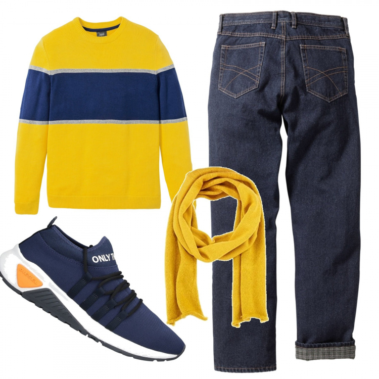 Outfit uomo - Urban #9824. Stile Urban per Tutti i giorni. Abbinamento con jeans dritti, maglioni, sneakers, sciarpe.