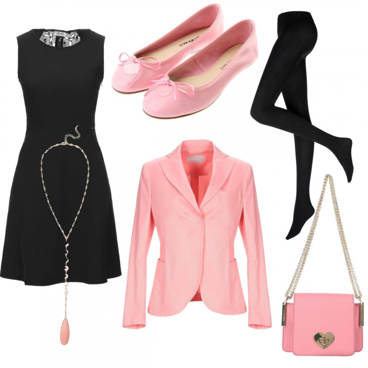 Outfit donna - Rosa e nero #Mondaystyle no heels. Stile Bon Ton per Ufficio. Abbinamento con collant, vestiti corti, blazer, collane, borse a spalla, ballerine.
