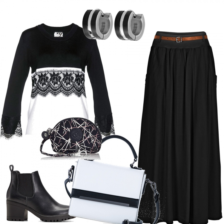 Outfit donna - Black and white. Stile Trendy per Tutti i giorni. Abbinamento con gonne lunghe, stivaletti chelsea, maglioni, borse a mano, orecchini, portamonete.